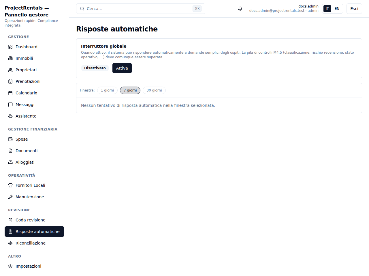 Vista della pagina Risposte automatiche