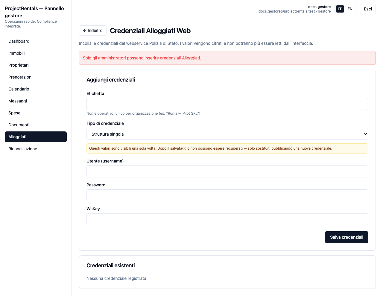 Pagina credenziali Alloggiati. Solo gli admin possono salvare; i campi sensibili appaiono mascherati.