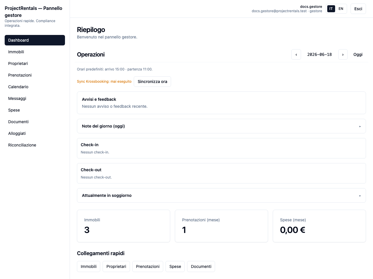 La dashboard del gestore con diario operativo + tre carte contatori.