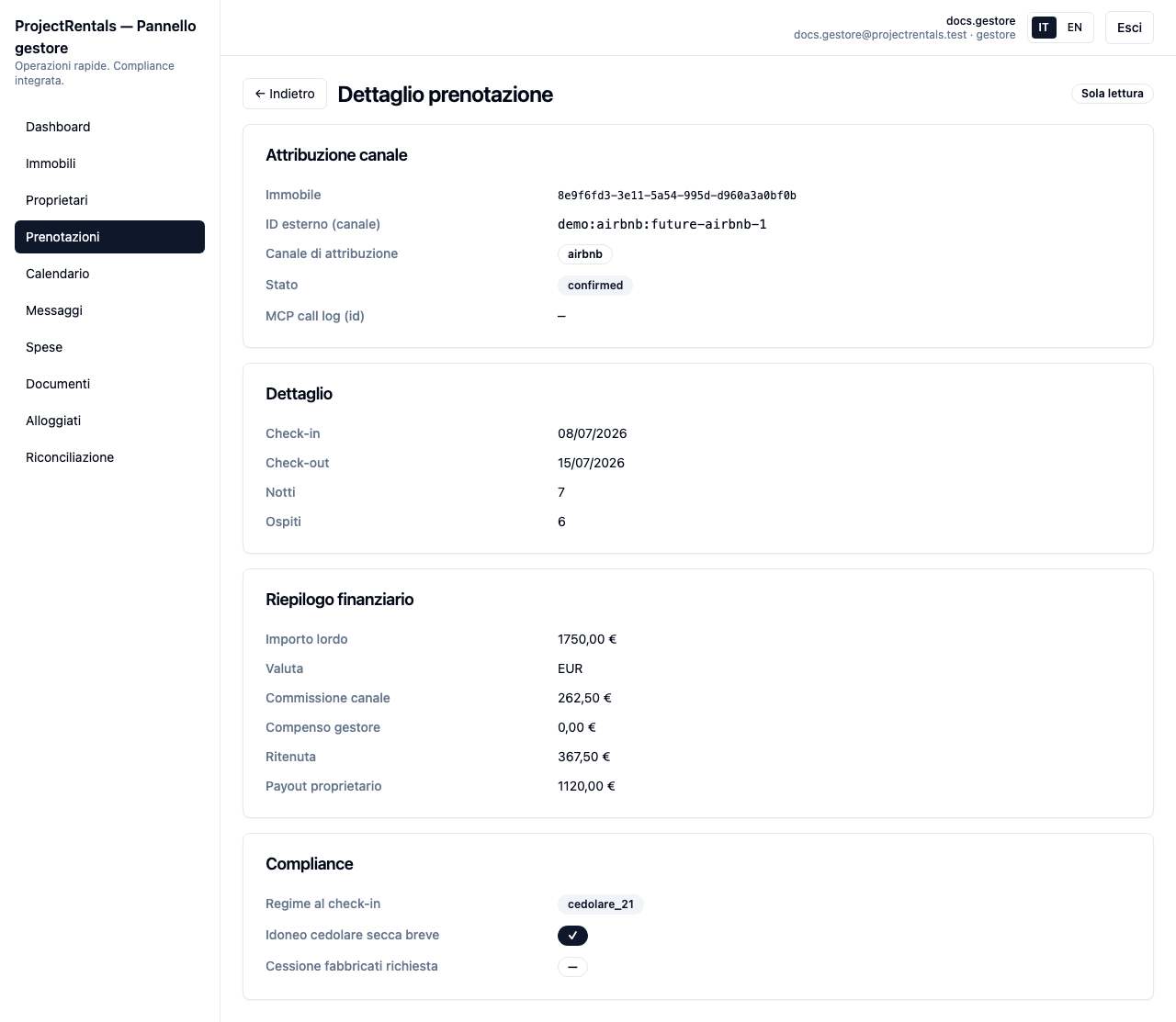 Scheda prenotazione: attribuzione canale, riepilogo finanziario, compliance.