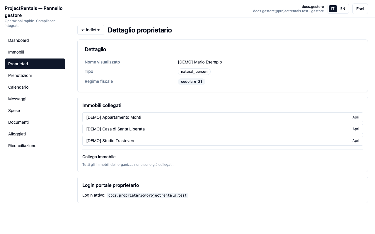 Scheda del proprietario con immobili collegati + login portale.