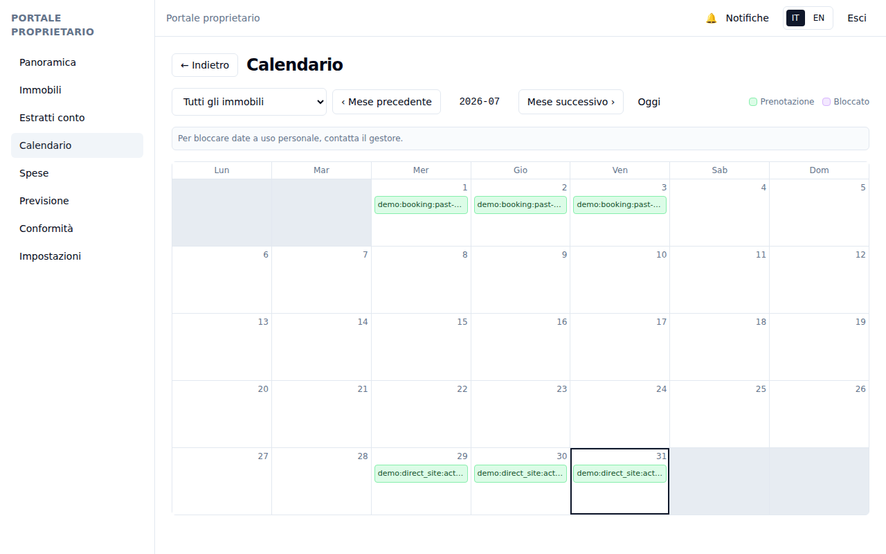 Vista mensile del calendario proprietario