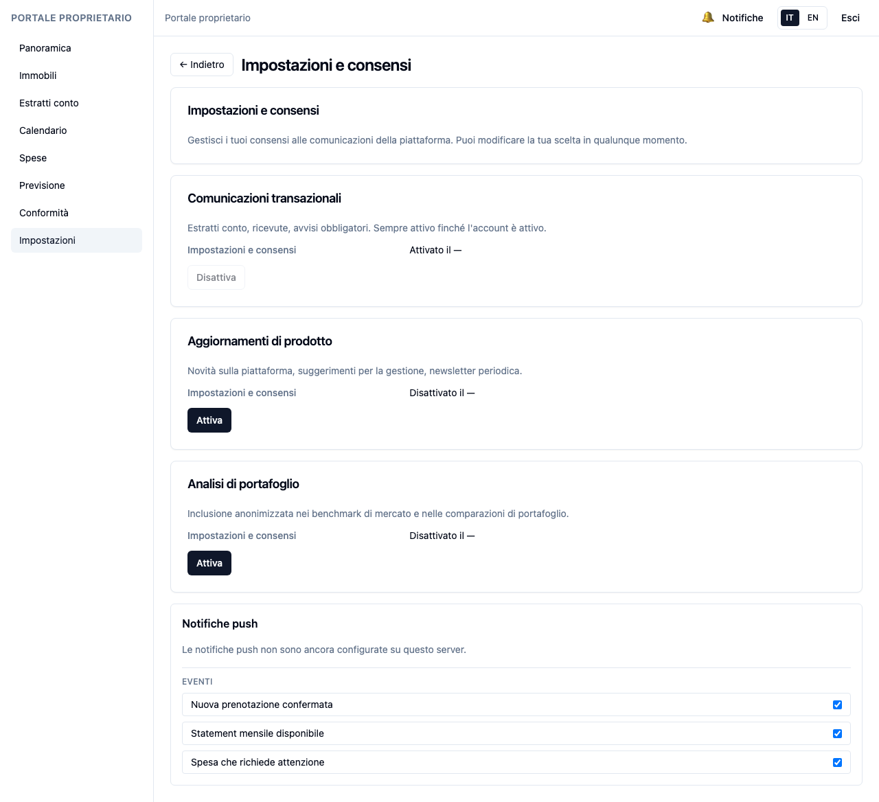 Pagina impostazioni del portale proprietario.