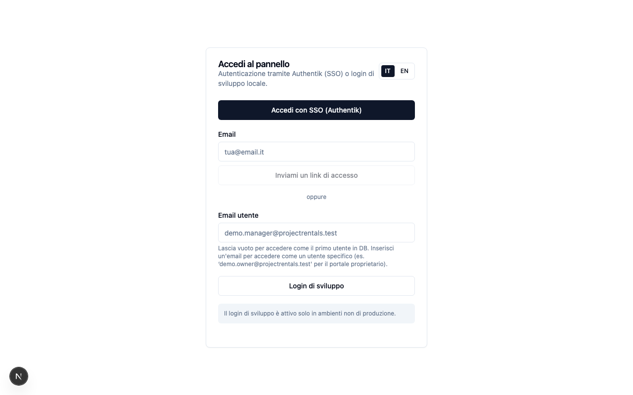 Pagina di accesso. L'accesso vero per i proprietari avviene tramite il collegamento ricevuto via email; questa schermata è quella di sviluppo.